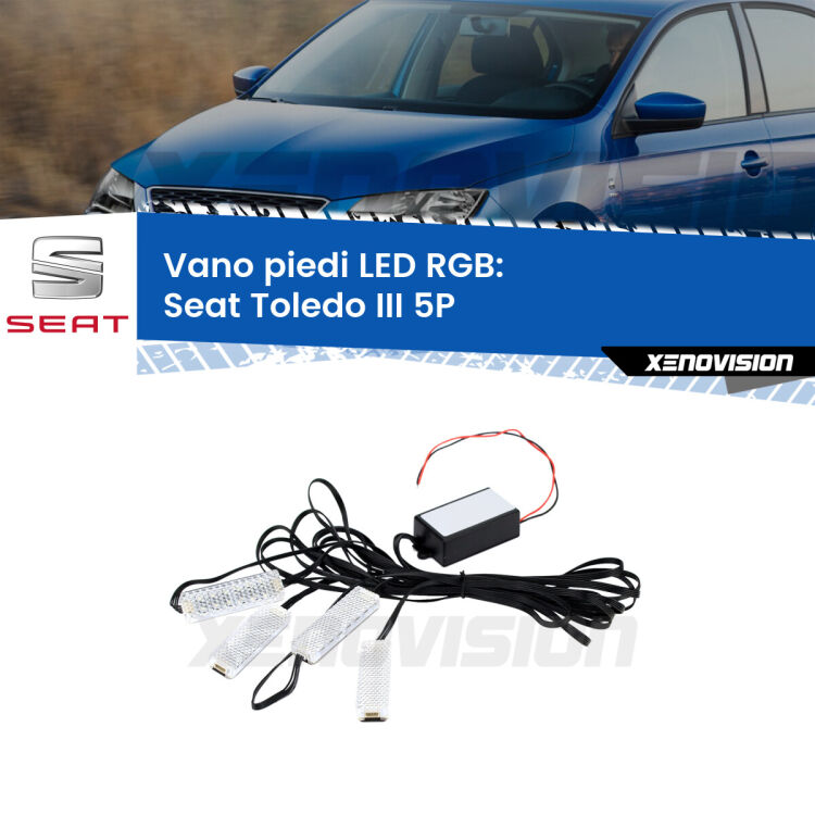 <strong>Kit placche LED cambiacolore vano piedi Seat Toledo III</strong> 5P 2004 - 2009. 4 placche <strong>Bluetooth</strong> con app Android /iOS.