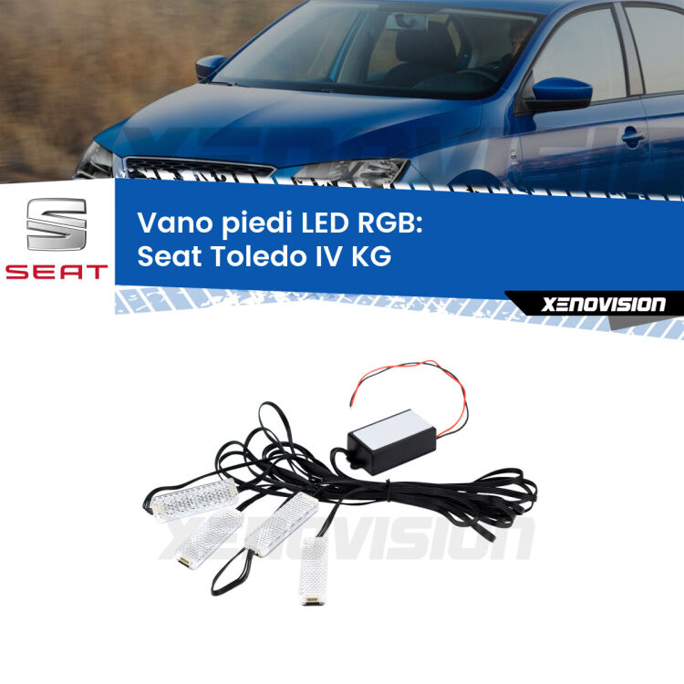 <strong>Kit placche LED cambiacolore vano piedi Seat Toledo IV</strong> KG 2012 - 2019. 4 placche <strong>Bluetooth</strong> con app Android /iOS.