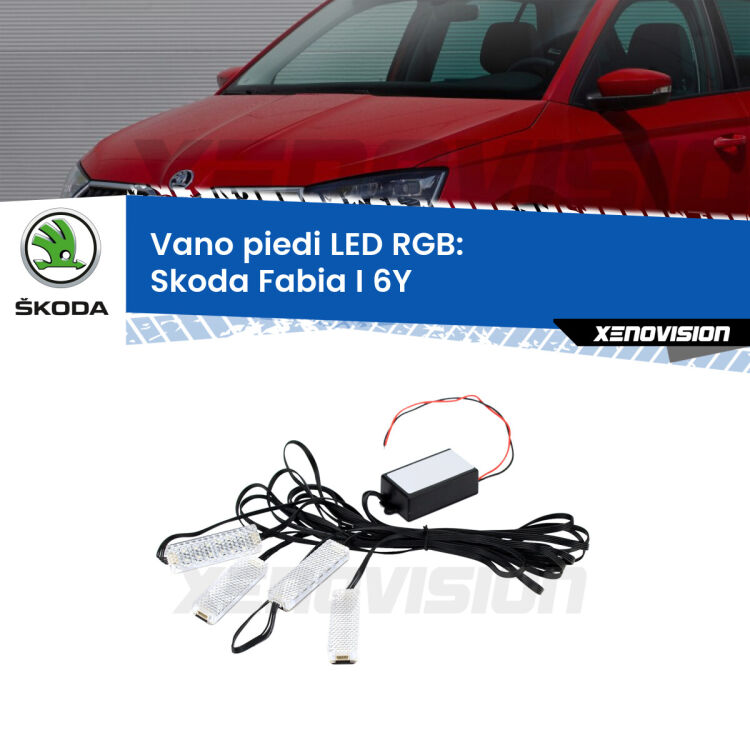 <strong>Kit placche LED cambiacolore vano piedi Skoda Fabia I</strong> 6Y 1999 - 2006. 4 placche <strong>Bluetooth</strong> con app Android /iOS.