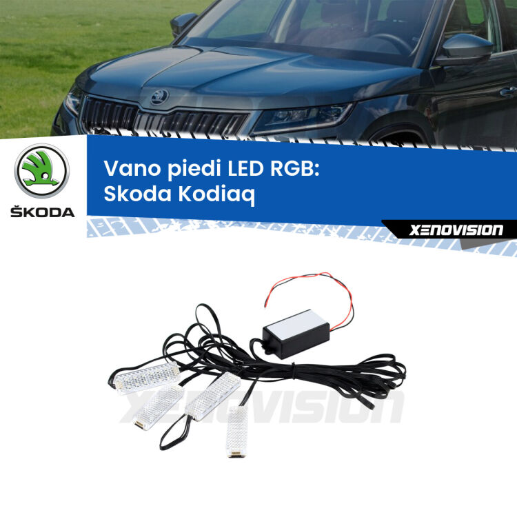 <strong>Kit placche LED cambiacolore vano piedi Skoda Kodiaq</strong>  2016 in poi. 4 placche <strong>Bluetooth</strong> con app Android /iOS.