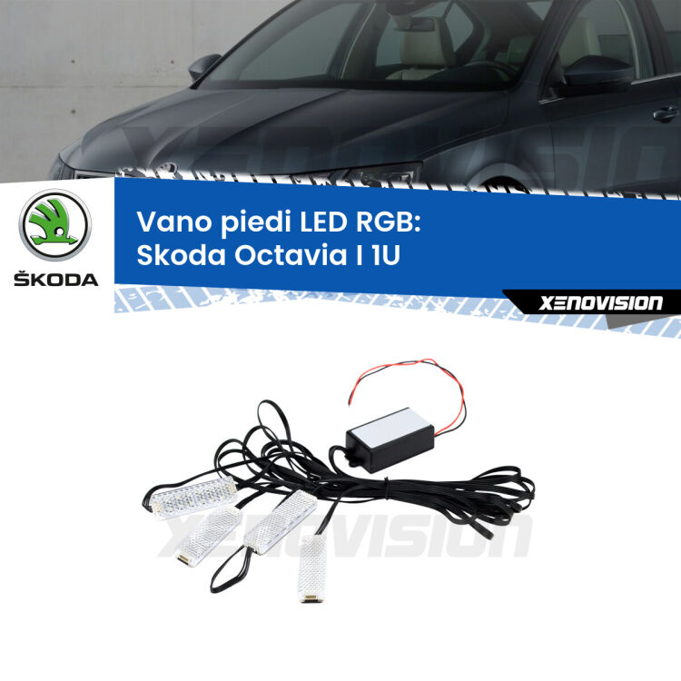 <strong>Kit placche LED cambiacolore vano piedi Skoda Octavia I</strong> 1U 1996 - 2010. 4 placche <strong>Bluetooth</strong> con app Android /iOS.