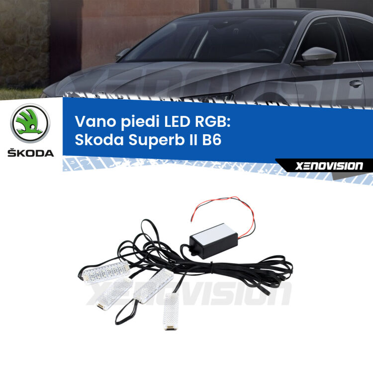 <strong>Kit placche LED cambiacolore vano piedi Skoda Superb II</strong> B6 2008 - 2015. 4 placche <strong>Bluetooth</strong> con app Android /iOS.