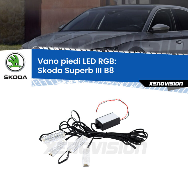 <strong>Kit placche LED cambiacolore vano piedi Skoda Superb III</strong> B8 2015 in poi. 4 placche <strong>Bluetooth</strong> con app Android /iOS.