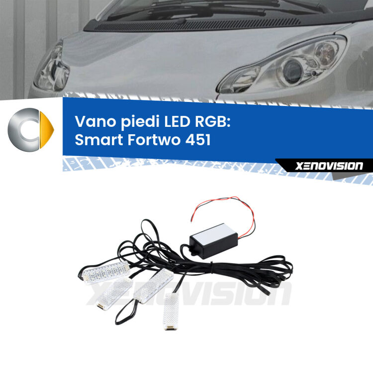 <strong>Kit placche LED cambiacolore vano piedi Smart Fortwo</strong> 451 2007 - 2014. 4 placche <strong>Bluetooth</strong> con app Android /iOS.