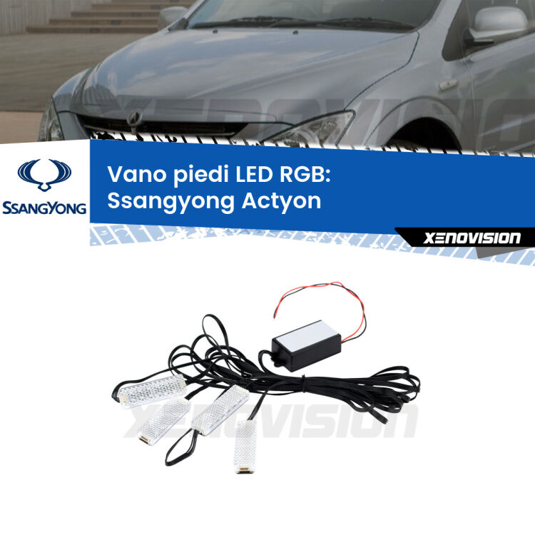 <strong>Kit placche LED cambiacolore vano piedi Ssangyong Actyon</strong>  2006 - 2017. 4 placche <strong>Bluetooth</strong> con app Android /iOS.