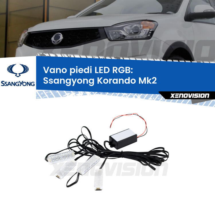 <strong>Kit placche LED cambiacolore vano piedi Ssangyong Korando</strong> Mk2 1996 - 2006. 4 placche <strong>Bluetooth</strong> con app Android /iOS.