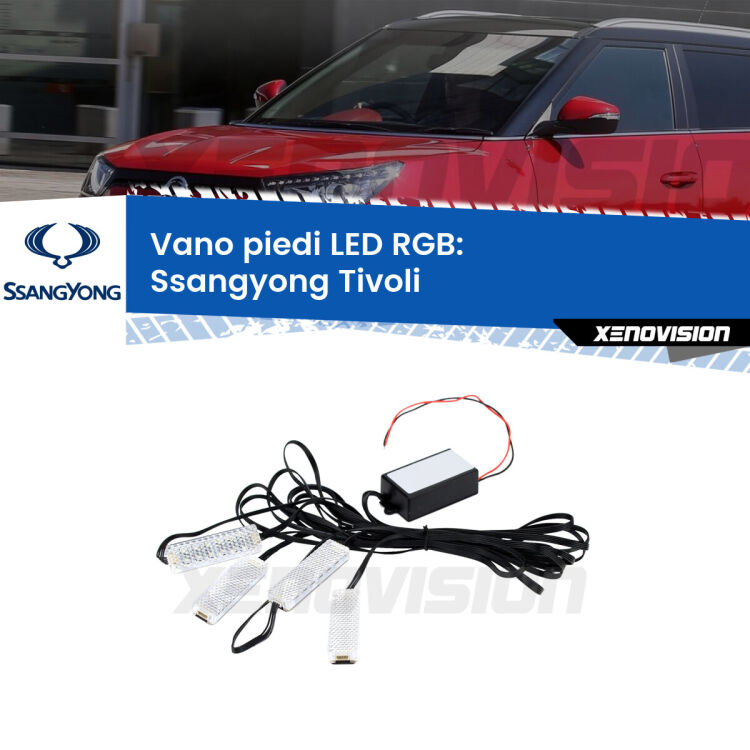 <strong>Kit placche LED cambiacolore vano piedi Ssangyong Tivoli</strong>  2015 in poi. 4 placche <strong>Bluetooth</strong> con app Android /iOS.