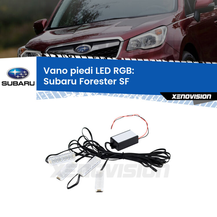 <strong>Kit placche LED cambiacolore vano piedi Subaru Forester</strong> SF 1997 - 2002. 4 placche <strong>Bluetooth</strong> con app Android /iOS.
