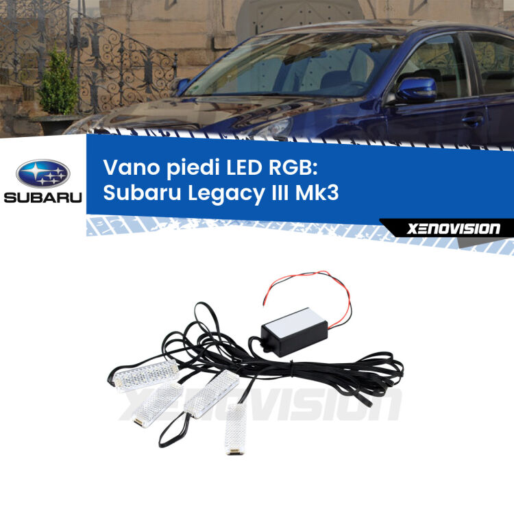 <strong>Kit placche LED cambiacolore vano piedi Subaru Legacy III</strong> Mk3 1998 - 2002. 4 placche <strong>Bluetooth</strong> con app Android /iOS.