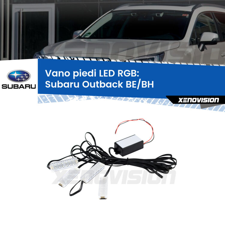 <strong>Kit placche LED cambiacolore vano piedi Subaru Outback</strong> BE/BH 2000 - 2003. 4 placche <strong>Bluetooth</strong> con app Android /iOS.