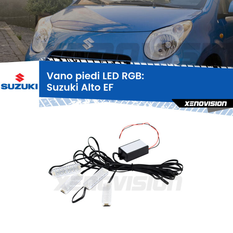 <strong>Kit placche LED cambiacolore vano piedi Suzuki Alto</strong> EF 1994 - 2002. 4 placche <strong>Bluetooth</strong> con app Android /iOS.