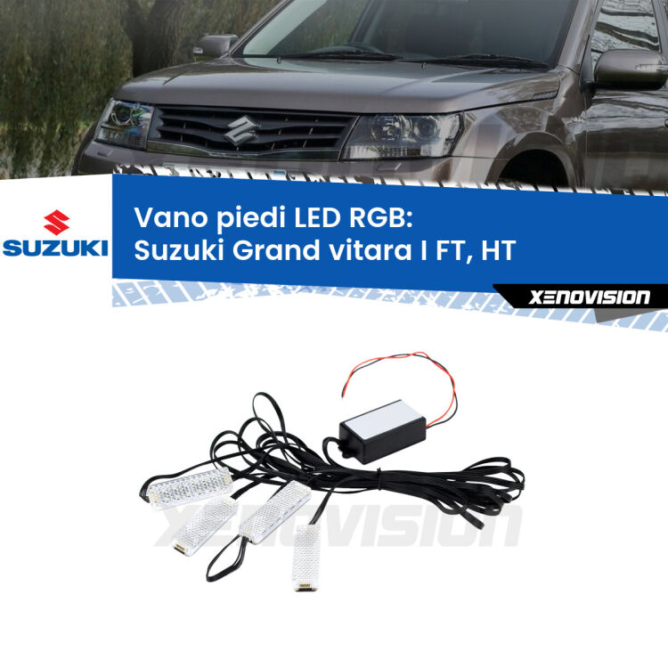 <strong>Kit placche LED cambiacolore vano piedi Suzuki Grand vitara I</strong> FT, HT 1998 - 2006. 4 placche <strong>Bluetooth</strong> con app Android /iOS.
