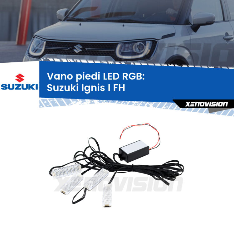 <strong>Kit placche LED cambiacolore vano piedi Suzuki Ignis I</strong> FH 2000 - 2005. 4 placche <strong>Bluetooth</strong> con app Android /iOS.