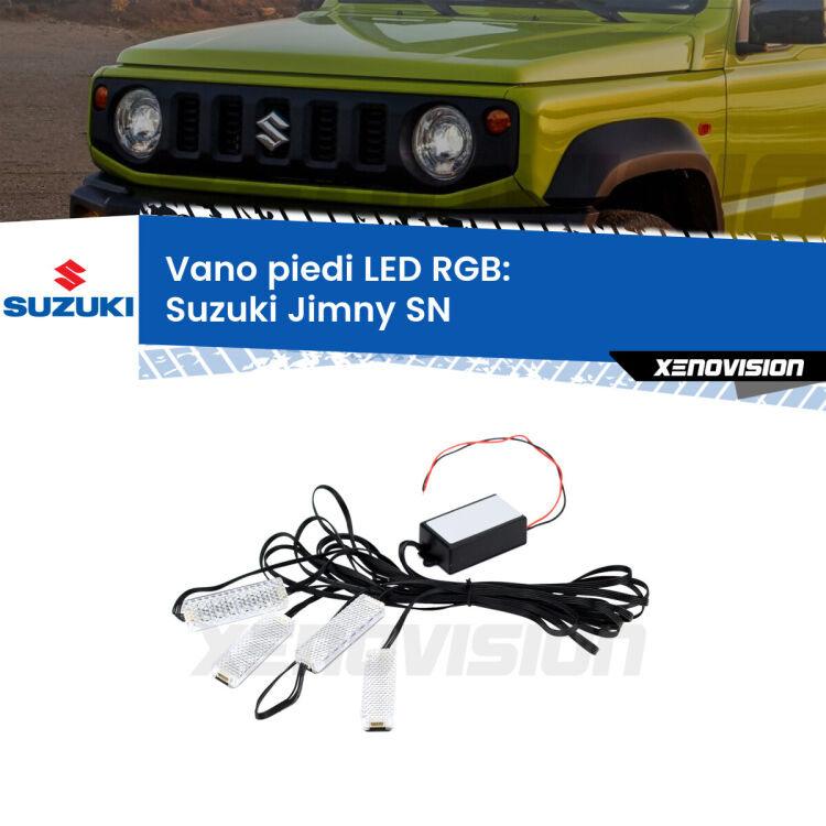 <strong>Kit placche LED cambiacolore vano piedi Suzuki Jimny</strong> SN 1998 in poi. 4 placche <strong>Bluetooth</strong> con app Android /iOS.