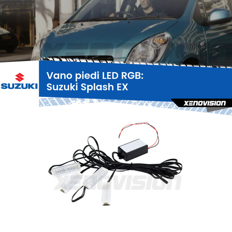 <strong>Kit placche LED cambiacolore vano piedi Suzuki Splash</strong> EX 2008 in poi. 4 placche <strong>Bluetooth</strong> con app Android /iOS.