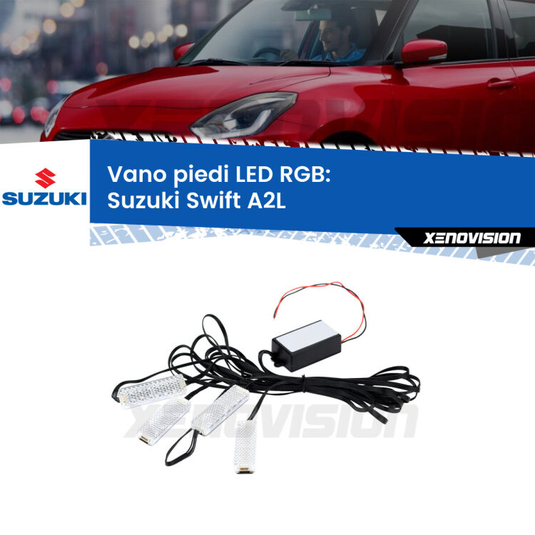 <strong>Kit placche LED cambiacolore vano piedi Suzuki Swift</strong> A2L 2017 in poi. 4 placche <strong>Bluetooth</strong> con app Android /iOS.