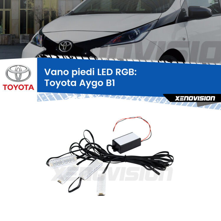 <strong>Kit placche LED cambiacolore vano piedi Toyota Aygo</strong> B1 2005 - 2014. 4 placche <strong>Bluetooth</strong> con app Android /iOS.