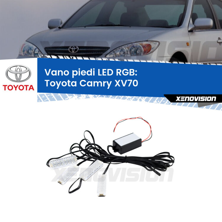 <strong>Kit placche LED cambiacolore vano piedi Toyota Camry</strong> XV70 2017 in poi. 4 placche <strong>Bluetooth</strong> con app Android /iOS.