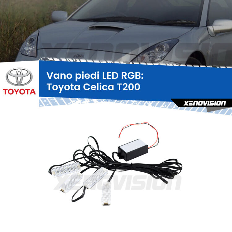 <strong>Kit placche LED cambiacolore vano piedi Toyota Celica</strong> T200 1993 - 1999. 4 placche <strong>Bluetooth</strong> con app Android /iOS.