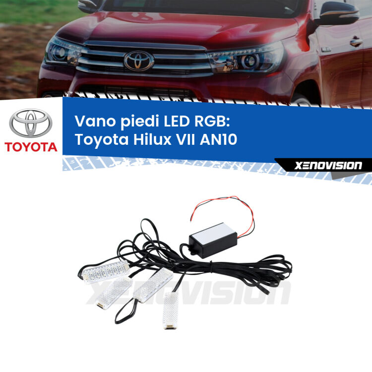 <strong>Kit placche LED cambiacolore vano piedi Toyota Hilux VII</strong> AN10 2004 - 2015. 4 placche <strong>Bluetooth</strong> con app Android /iOS.
