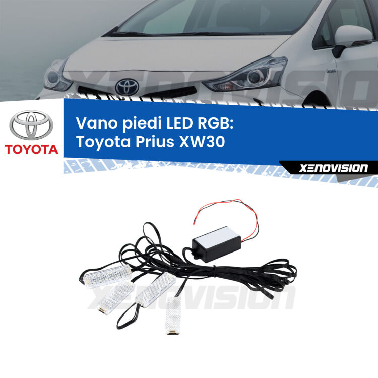 <strong>Kit placche LED cambiacolore vano piedi Toyota Prius</strong> XW30 2008 - 2014. 4 placche <strong>Bluetooth</strong> con app Android /iOS.