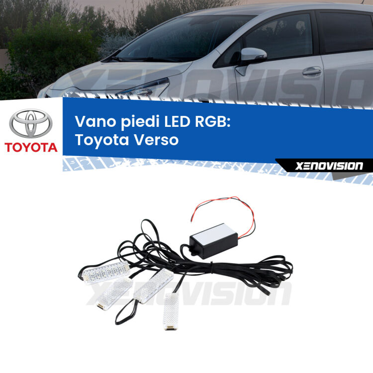 <strong>Kit placche LED cambiacolore vano piedi Toyota Verso</strong>  2009 - 2018. 4 placche <strong>Bluetooth</strong> con app Android /iOS.