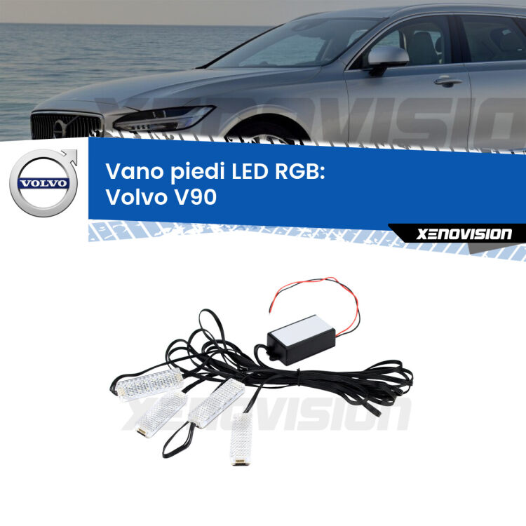 <strong>Kit placche LED cambiacolore vano piedi Volvo V90</strong>  2016 - 2018. 4 placche <strong>Bluetooth</strong> con app Android /iOS.