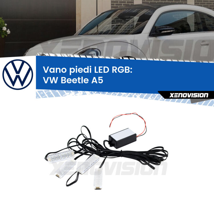 <strong>Kit placche LED cambiacolore vano piedi VW Beetle</strong> A5 2011 - 2019. 4 placche <strong>Bluetooth</strong> con app Android /iOS.