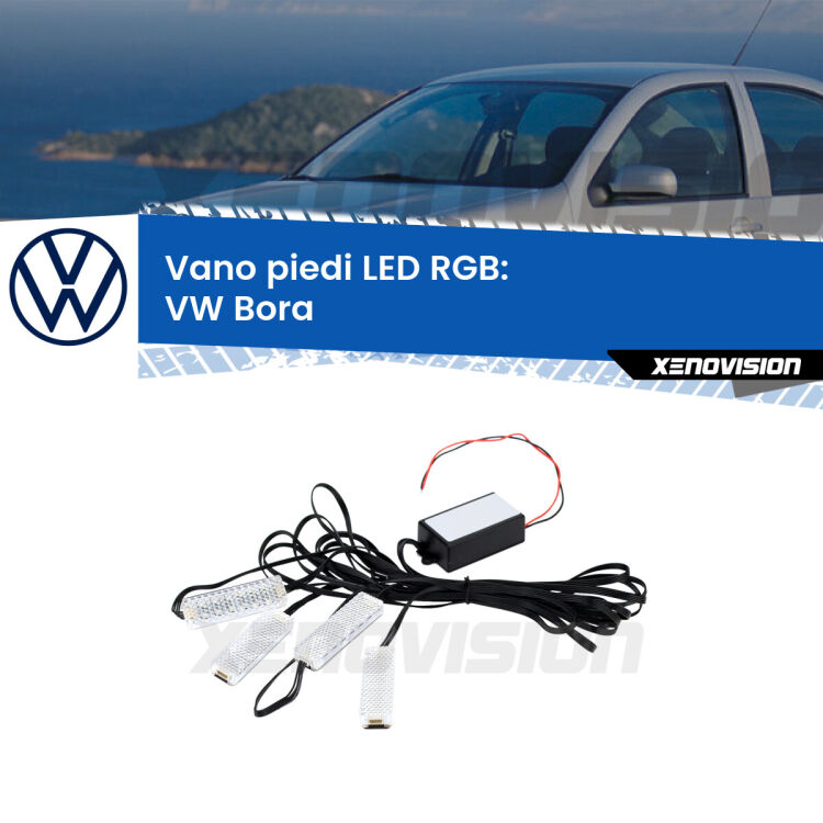 <strong>Kit placche LED cambiacolore vano piedi VW Bora</strong>  1999 - 2006. 4 placche <strong>Bluetooth</strong> con app Android /iOS.