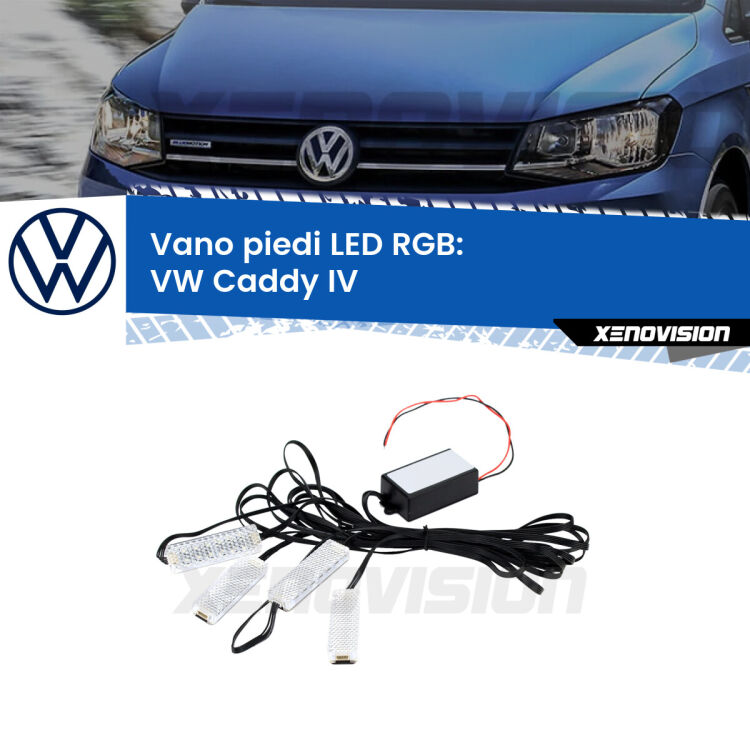 <strong>Kit placche LED cambiacolore vano piedi VW Caddy IV</strong>  2015 - 2020. 4 placche <strong>Bluetooth</strong> con app Android /iOS.