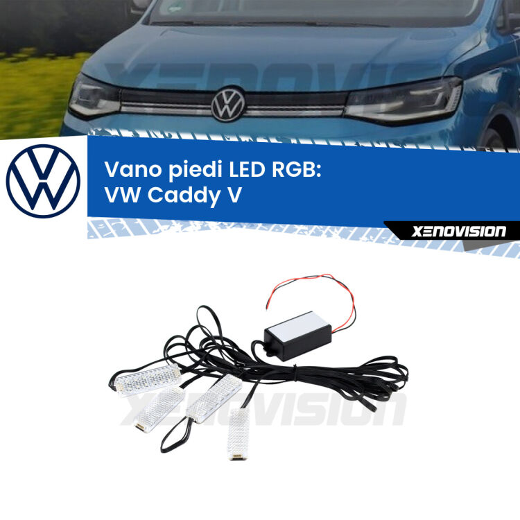 <strong>Kit placche LED cambiacolore vano piedi VW Caddy V</strong>  2021 in poi. 4 placche <strong>Bluetooth</strong> con app Android /iOS.