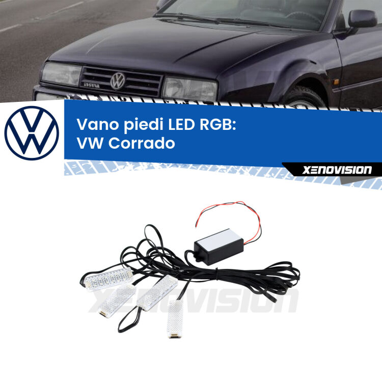 <strong>Kit placche LED cambiacolore vano piedi VW Corrado</strong>  1988 - 1995. 4 placche <strong>Bluetooth</strong> con app Android /iOS.