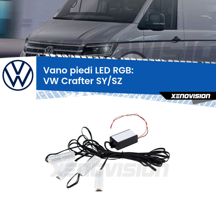 <strong>Kit placche LED cambiacolore vano piedi VW Crafter</strong> SY/SZ 2016 in poi. 4 placche <strong>Bluetooth</strong> con app Android /iOS.