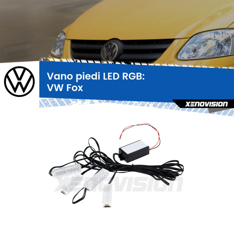 <strong>Kit placche LED cambiacolore vano piedi VW FOX</strong>  2003 - 2014. 4 placche <strong>Bluetooth</strong> con app Android /iOS.