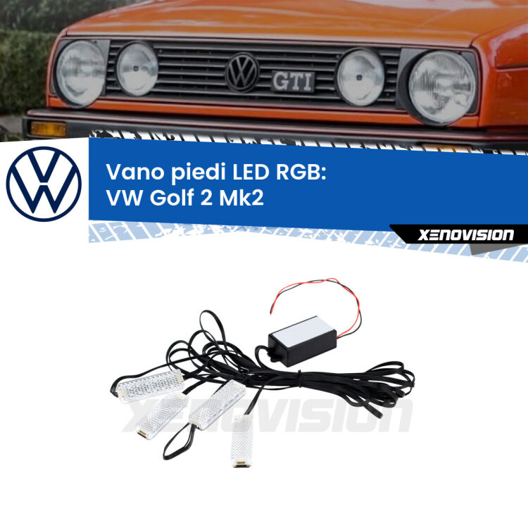 <strong>Kit placche LED cambiacolore vano piedi VW Golf 2</strong> Mk2 1983 - 1990. 4 placche <strong>Bluetooth</strong> con app Android /iOS.