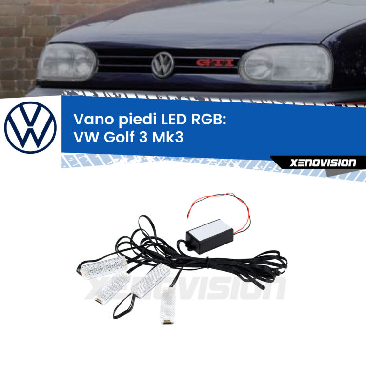 <strong>Kit placche LED cambiacolore vano piedi VW Golf 3</strong> Mk3 1991 - 1997. 4 placche <strong>Bluetooth</strong> con app Android /iOS.