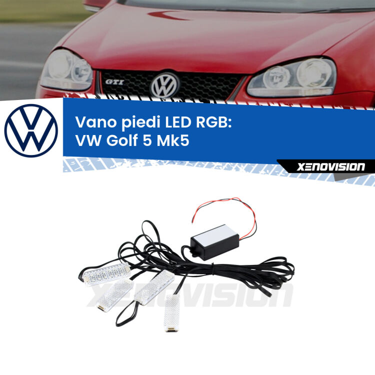 <strong>Kit placche LED cambiacolore vano piedi VW Golf 5</strong> Mk5 2003 - 2009. 4 placche <strong>Bluetooth</strong> con app Android /iOS.