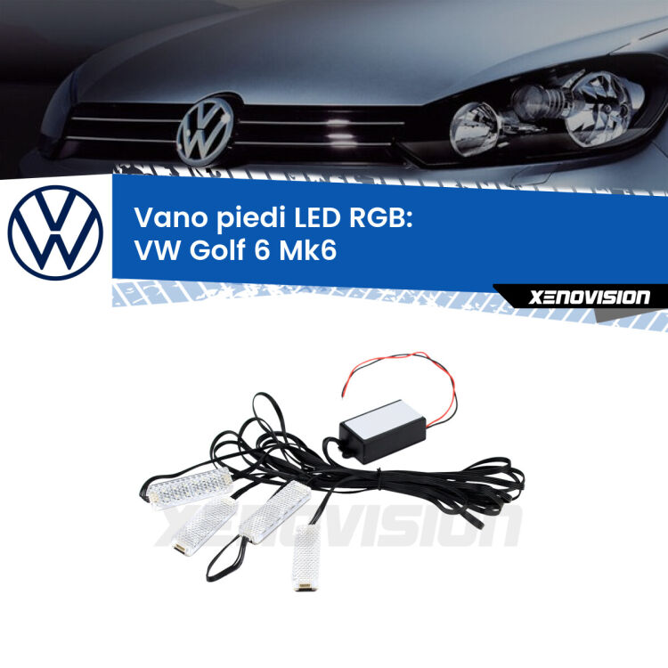 <strong>Kit placche LED cambiacolore vano piedi VW Golf 6</strong> Mk6 2008 - 2011. 4 placche <strong>Bluetooth</strong> con app Android /iOS.