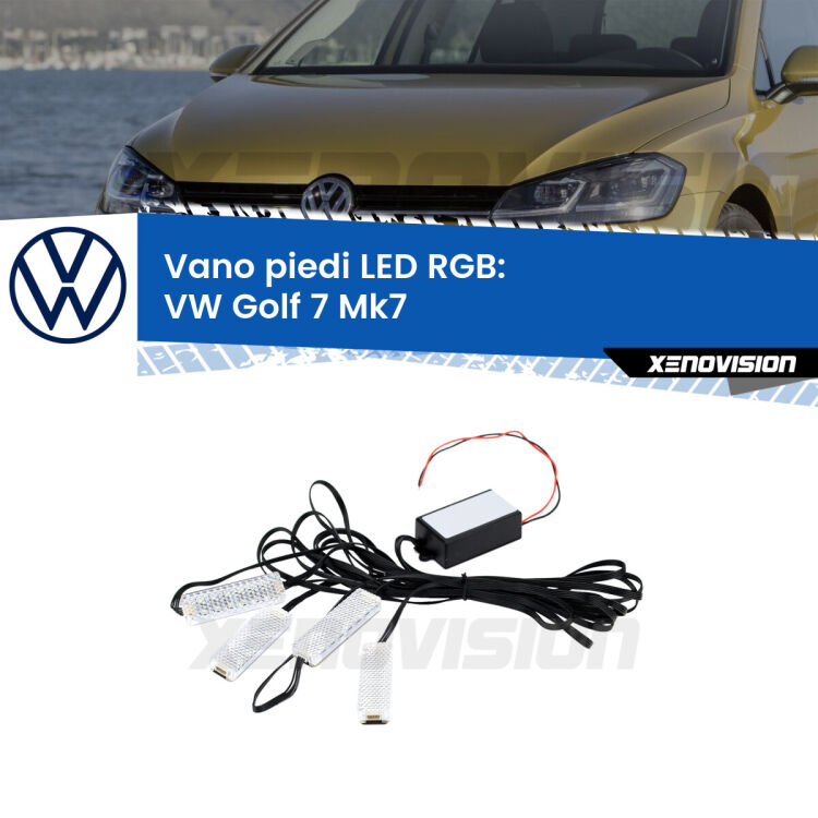 <strong>Kit placche LED cambiacolore vano piedi VW Golf 7</strong> Mk7 2012 - 2019. 4 placche <strong>Bluetooth</strong> con app Android /iOS.