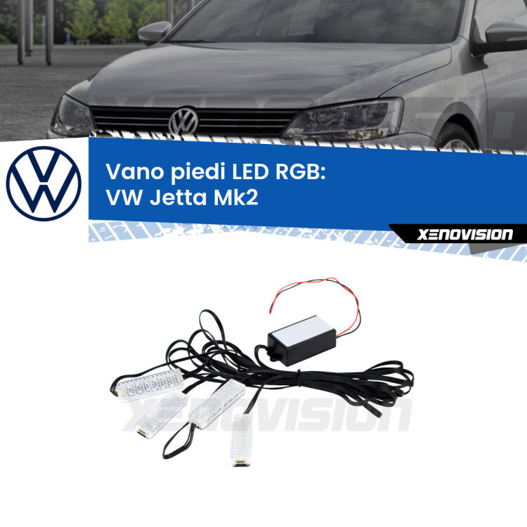 <strong>Kit placche LED cambiacolore vano piedi VW Jetta</strong> Mk2 1984 - 1992. 4 placche <strong>Bluetooth</strong> con app Android /iOS.