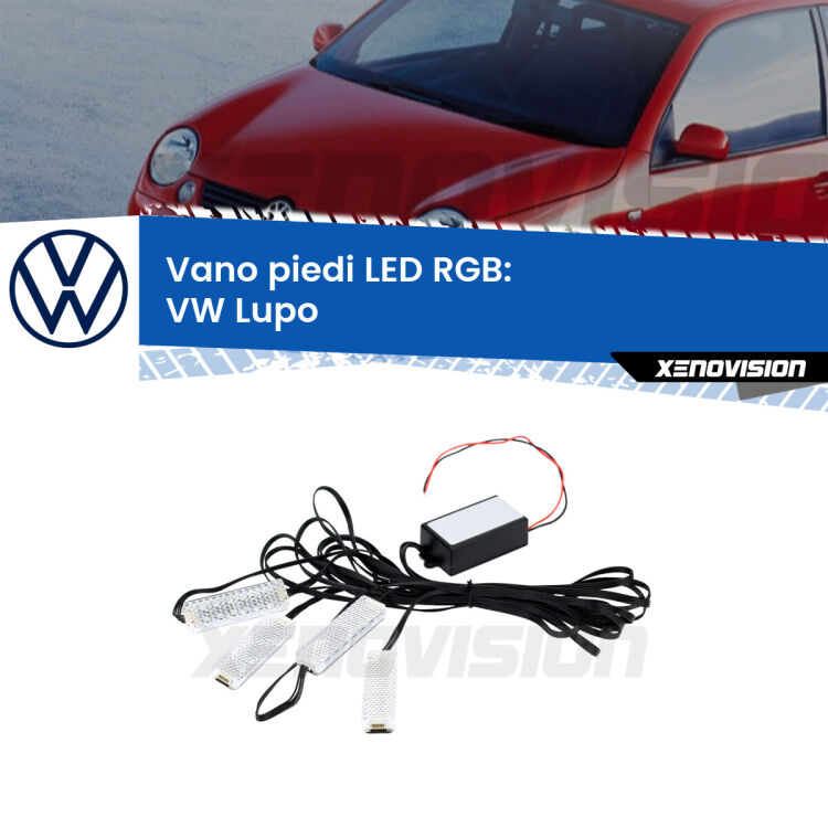 <strong>Kit placche LED cambiacolore vano piedi VW Lupo</strong>  1998 - 2005. 4 placche <strong>Bluetooth</strong> con app Android /iOS.