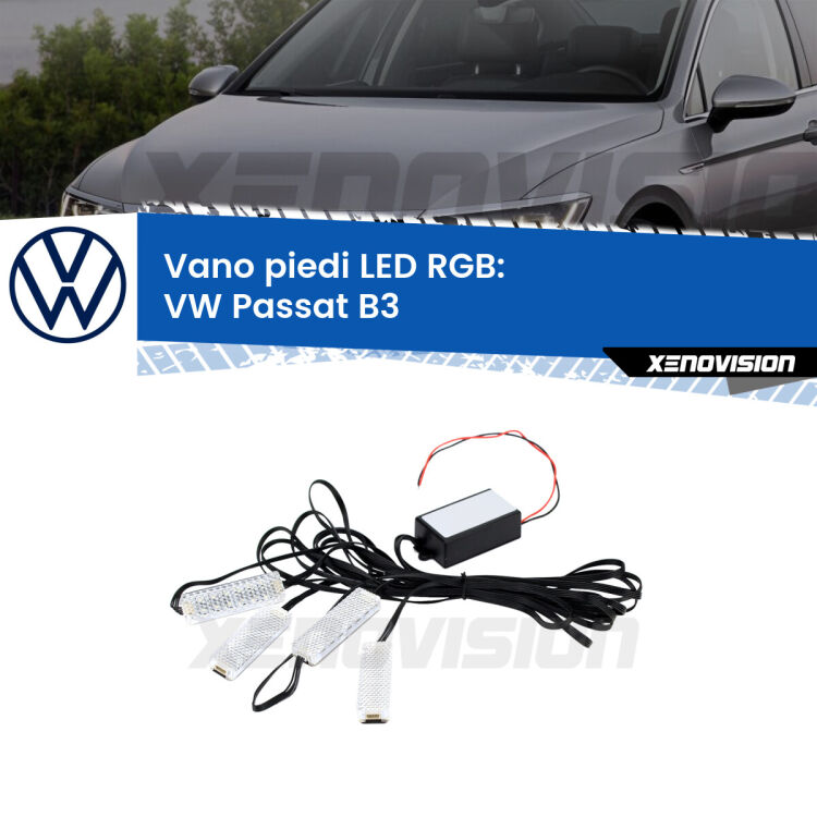 <strong>Kit placche LED cambiacolore vano piedi VW Passat</strong> B3 1988 - 1996. 4 placche <strong>Bluetooth</strong> con app Android /iOS.