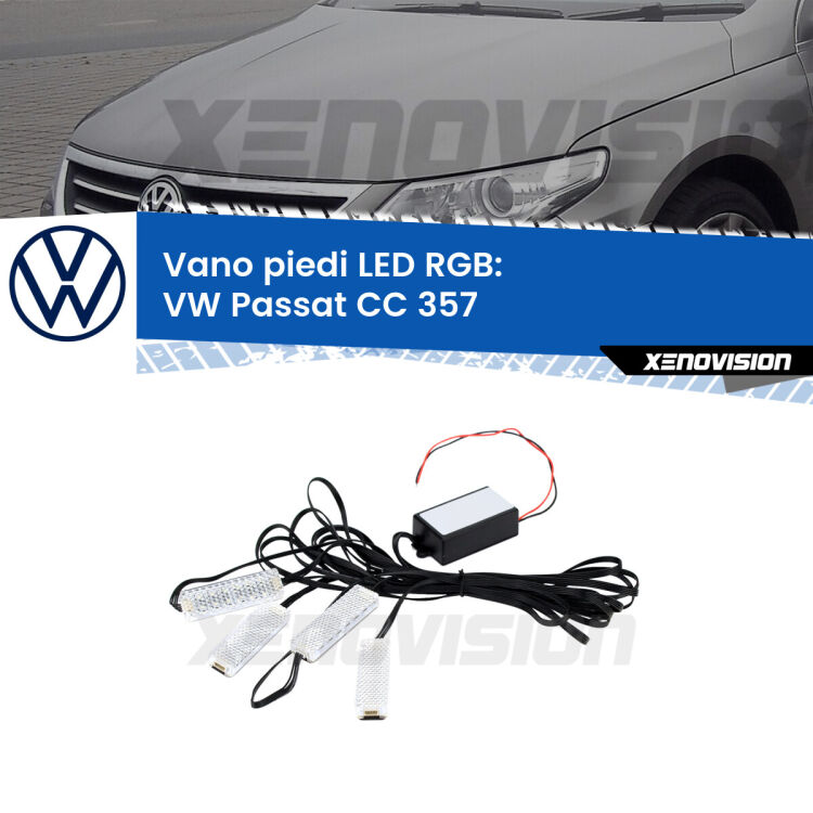 <strong>Kit placche LED cambiacolore vano piedi VW Passat CC</strong> 357 2008 - 2012. 4 placche <strong>Bluetooth</strong> con app Android /iOS.