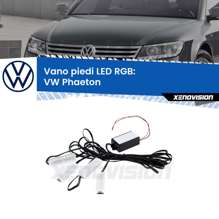 <strong>Kit placche LED cambiacolore vano piedi VW Phaeton</strong>  2002 - 2016. 4 placche <strong>Bluetooth</strong> con app Android /iOS.