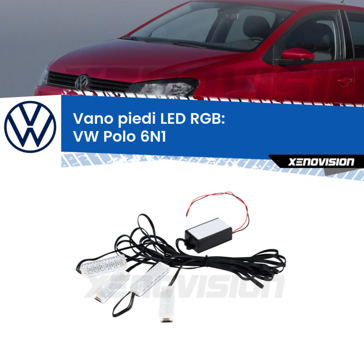 <strong>Kit placche LED cambiacolore vano piedi VW Polo</strong> 6N1 1994 - 1998. 4 placche <strong>Bluetooth</strong> con app Android /iOS.