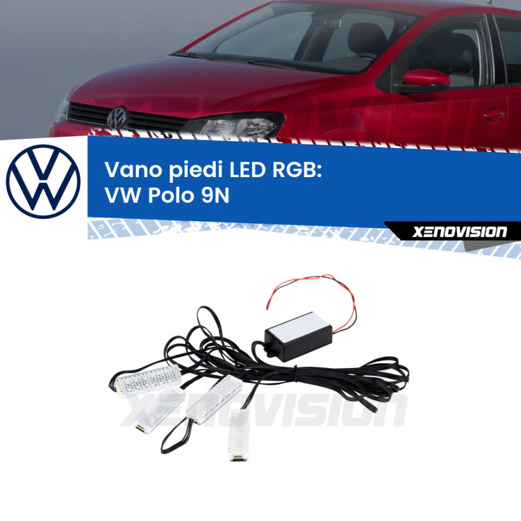 <strong>Kit placche LED cambiacolore vano piedi VW Polo</strong> 9N 2002 - 2008. 4 placche <strong>Bluetooth</strong> con app Android /iOS.