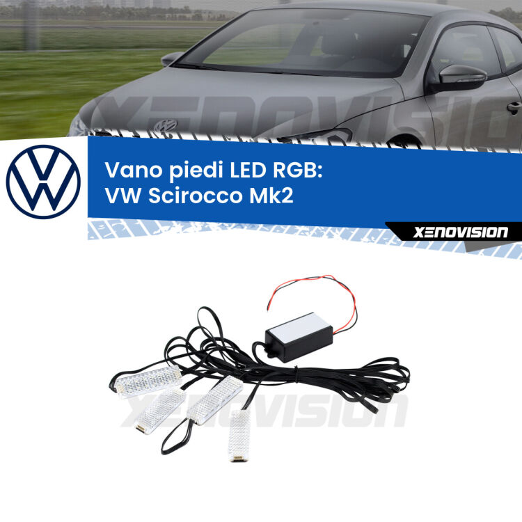<strong>Kit placche LED cambiacolore vano piedi VW Scirocco</strong> Mk2 1980 - 1992. 4 placche <strong>Bluetooth</strong> con app Android /iOS.