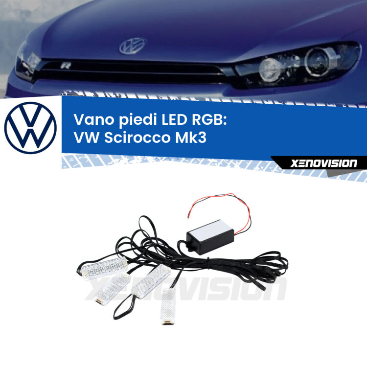 <strong>Kit placche LED cambiacolore vano piedi VW Scirocco</strong> Mk3 2008 - 2017. 4 placche <strong>Bluetooth</strong> con app Android /iOS.