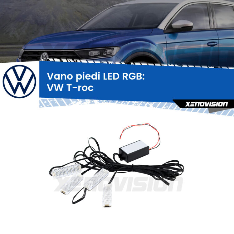 <strong>Kit placche LED cambiacolore vano piedi VW T-roc</strong>  2017 in poi. 4 placche <strong>Bluetooth</strong> con app Android /iOS.