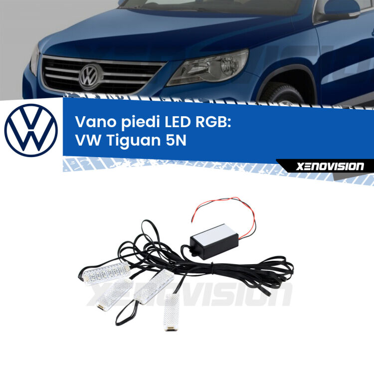 <strong>Kit placche LED cambiacolore vano piedi VW Tiguan</strong> 5N 2007 - 2018. 4 placche <strong>Bluetooth</strong> con app Android /iOS.